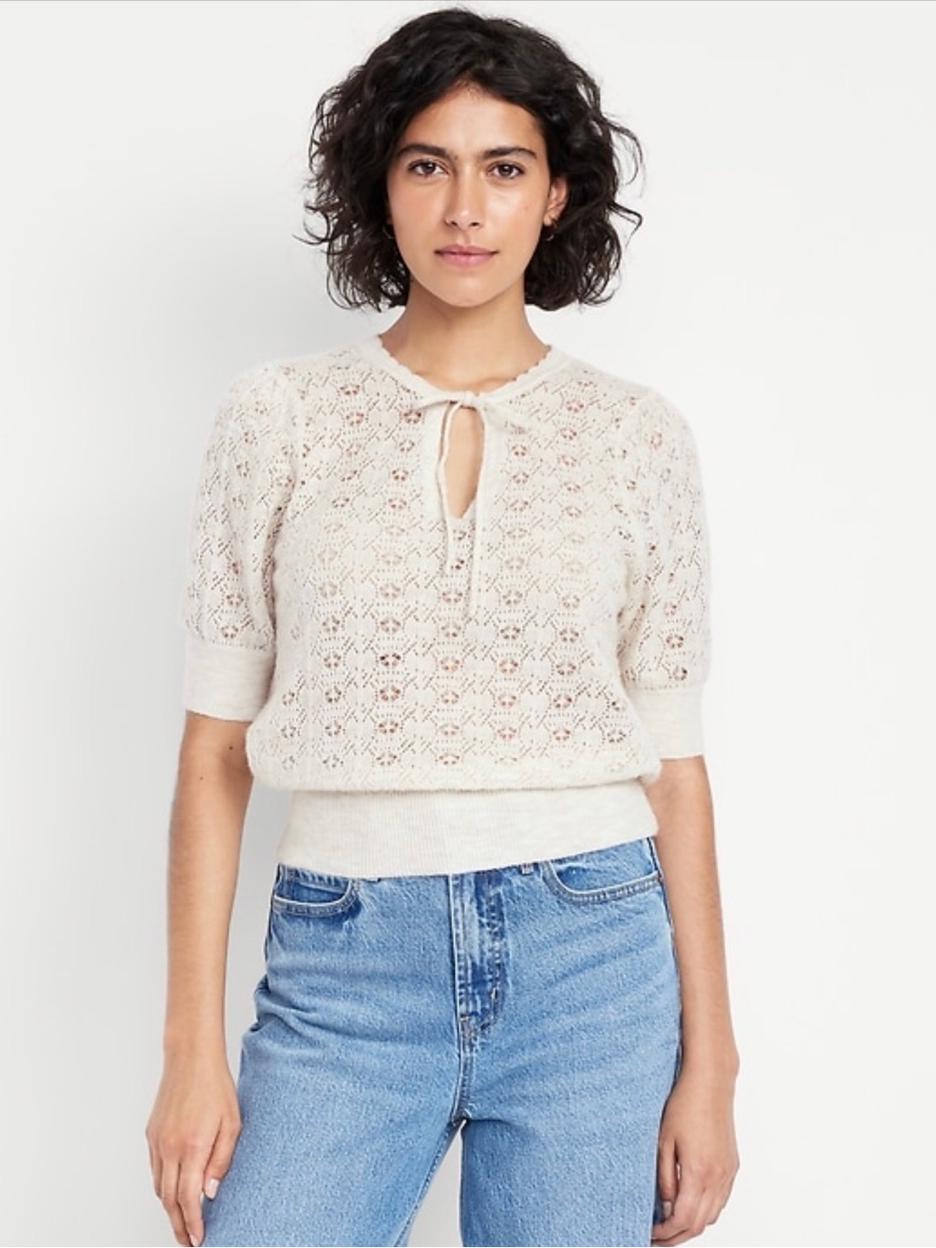 Old Navy Cream Wool-Blend Tie-Neck Short Puff Sleeve Sweater